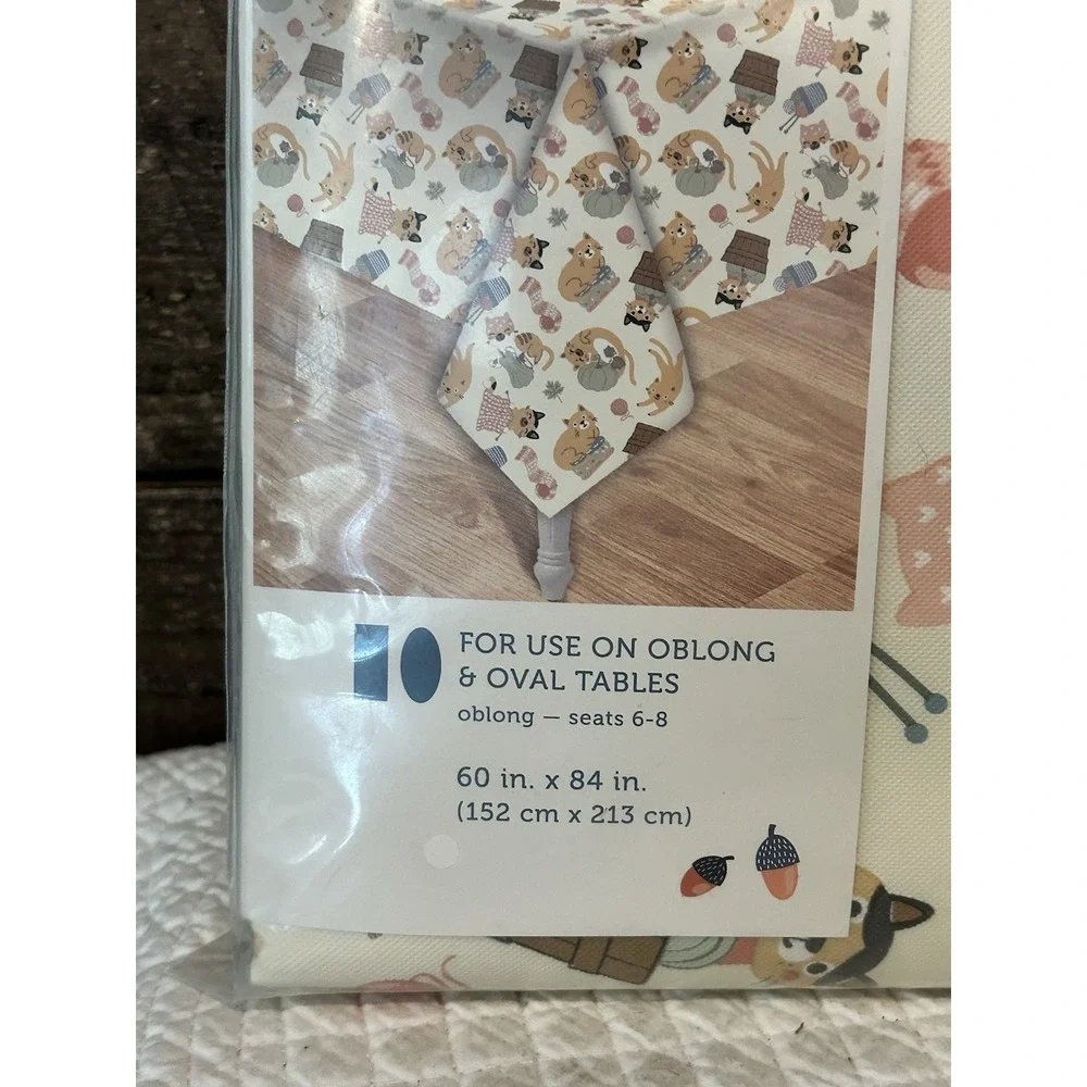 Vinyl Tablecloth 60x84 Fall Cozy Cats‎ Pumpkin Yarn Camping Picnic Party